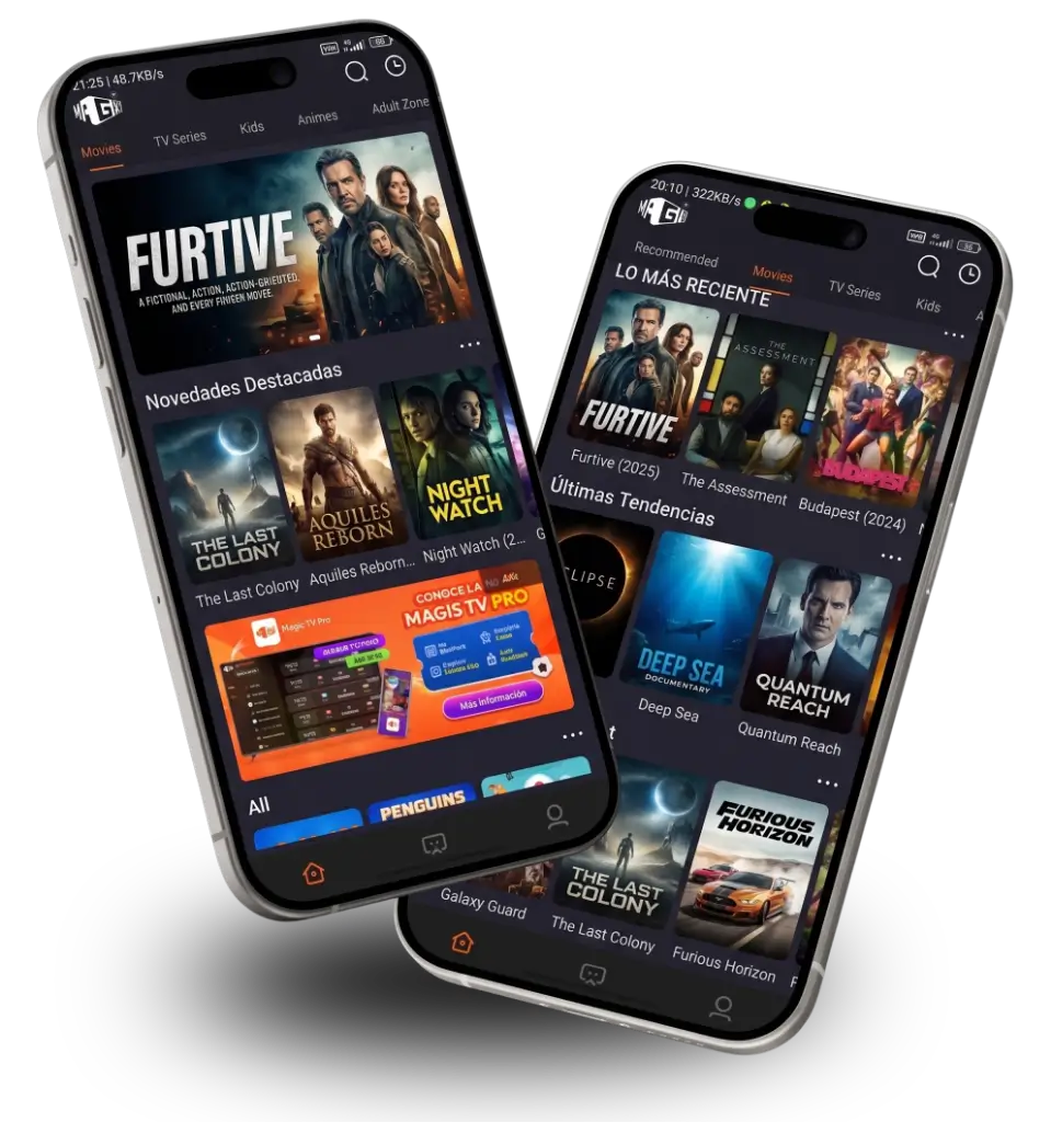 Pantalla de Magis TV APK mostrando los últimos estrenos de películas con pósters destacados y navegación intuitiva.