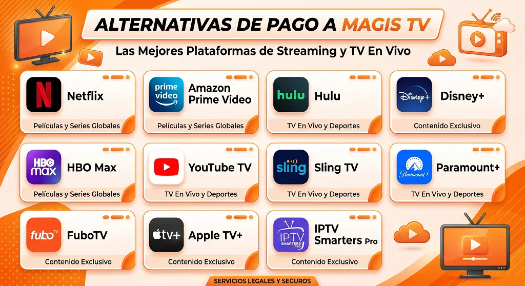 Comparación de las mejores alternativas de pago a Magis TV en 2026,para ver películas y series en streaming.