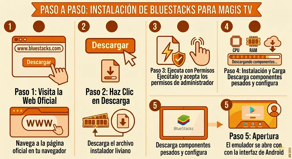 Guía paso a paso para instalar BlueStacks en Windows 10 o macOS, incluyendo descarga desde el sitio oficial, ejecución del instalador y configuración inicial del emulador Android.