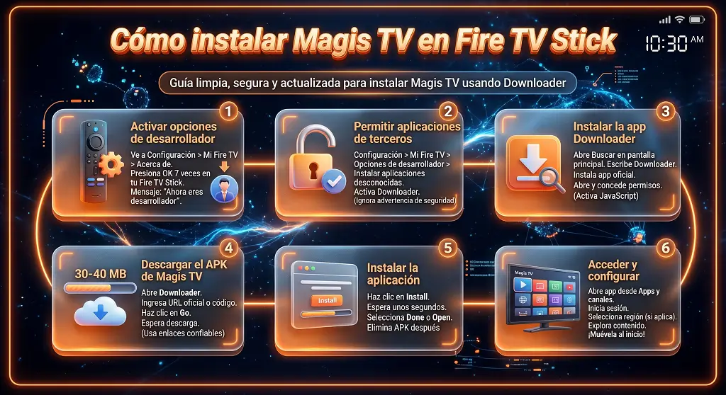 Guía para instalar Magis TV en Fire TV Stick usando Downloader y APK, con pasos simples y configuración segura.