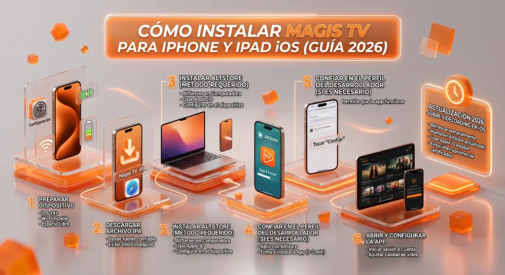 Guía paso a paso para instalar Magis TV para iPhone y iPad con AltStore y archivo IPA en dispositivos iOS 2026.