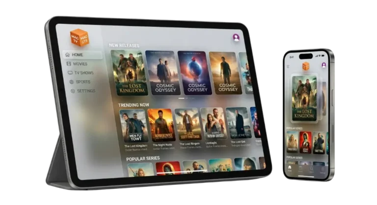 Pantalla de Magis TV para iPhone y iPad con iOS 2026 mostrando canales en vivo, películas y contenido streaming HD