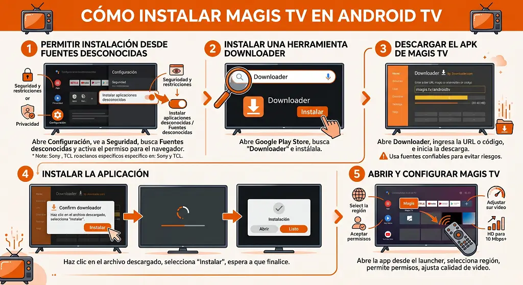 Guía visual para instalar Magis TV en Android TV, habilitar fuentes desconocidas, descargar el APK e iniciar la configuración.