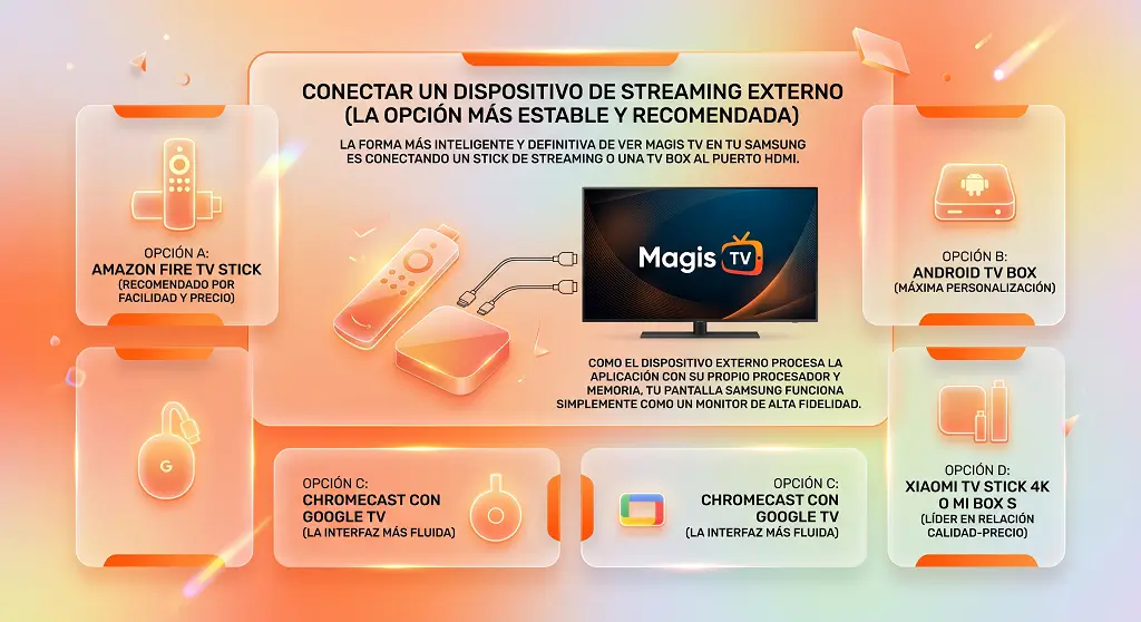 Magis Tv en Samsung Smart TV, Amazon Fire TV Stick, Android TV Box, Chromecast con Google TV y Xiaomi TV Stick 4K conectados a un Samsung Smart TV para ver Magis TV mediante HDMI