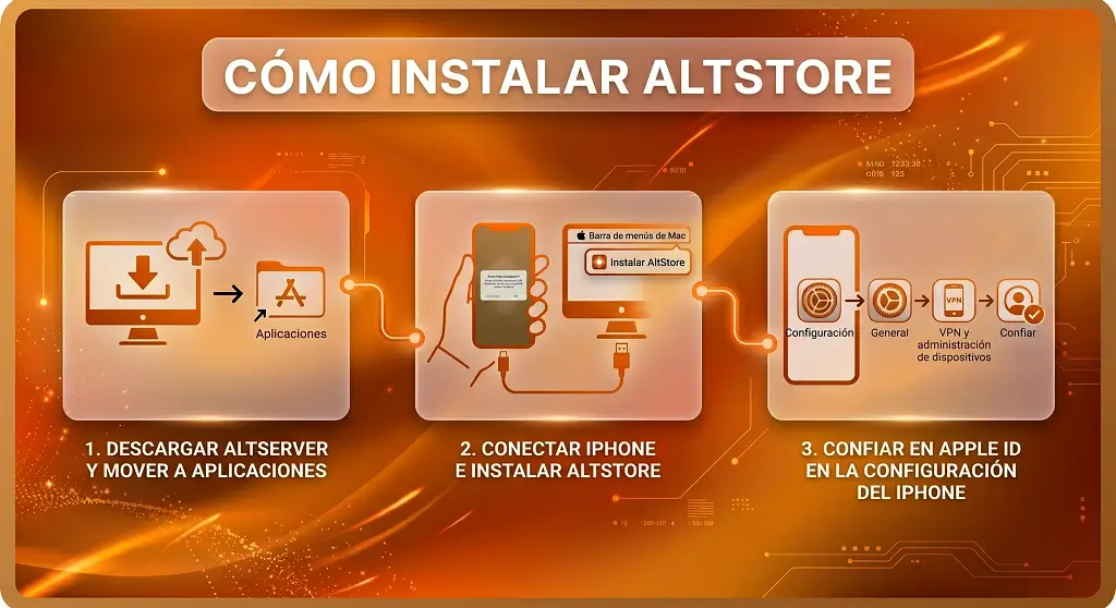 Glassmorphic orange infographic showing AltStore installation on macOS, iPhone and iPad with setup steps.