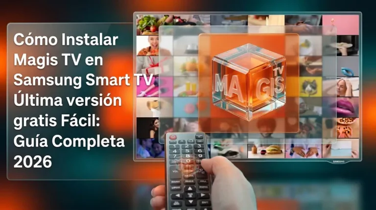 Pantalla Samsung Smart TV mostrando Magis TV mediante Fire TV Stick y Chromecast con guía de instalación paso a paso en 2026