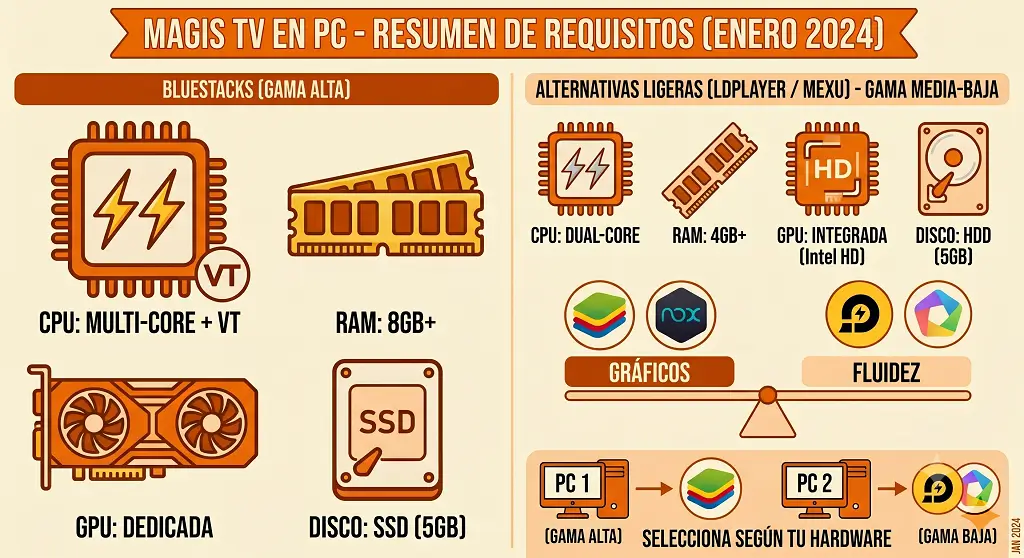 Tabla comparativa de requisitos del sistema y emuladores como BlueStacks, LDPlayer, NoxPlayer y MEmu Play para usar Magis TV en PC.