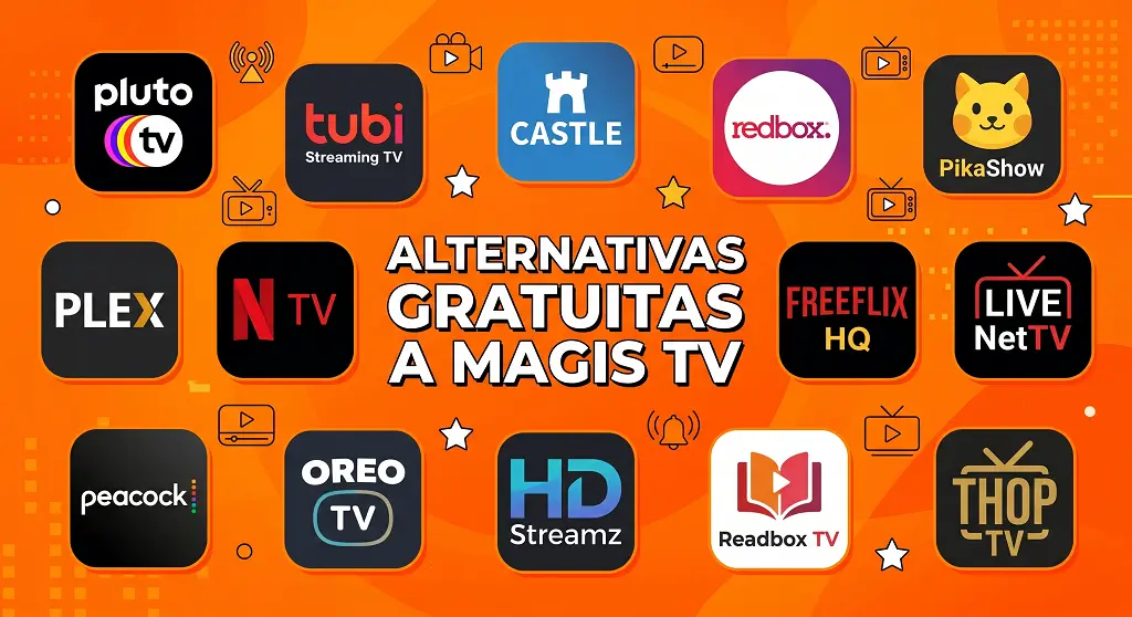 Lista de alternativas gratuitas a Magis TV en 2026 incluyendo Pluto TV, Tubi TV, Plex, Peacock TV, HD Streamz y otras apps para ver películas y TV en vivo gratis.